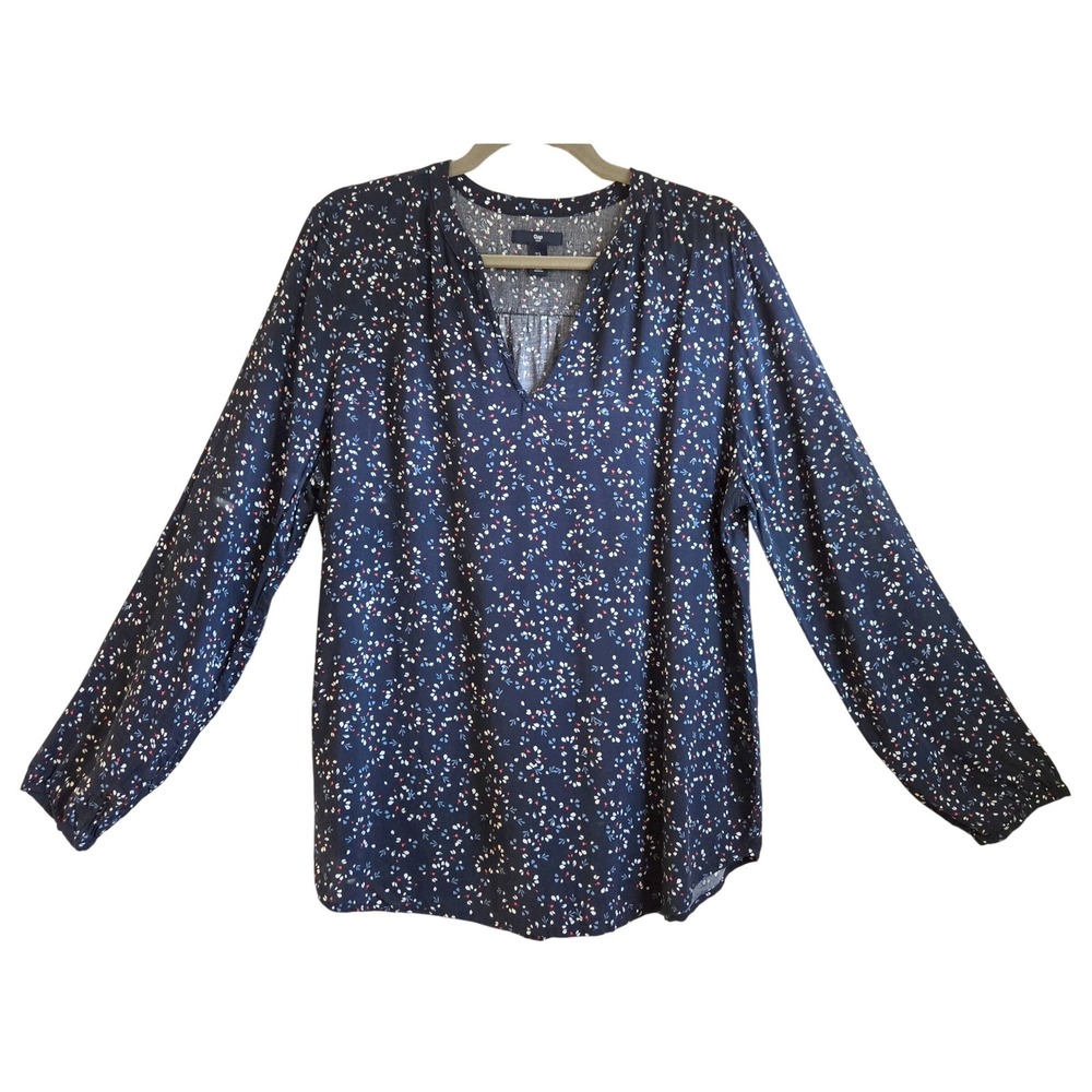 Gap Womens L Cottage Navy Blue Ditsy Floral Print Split V-Neck Long Sleeve Top